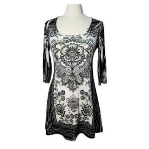 Women Black and White Long Sleeve Silk Midi Stretch Dress Medium